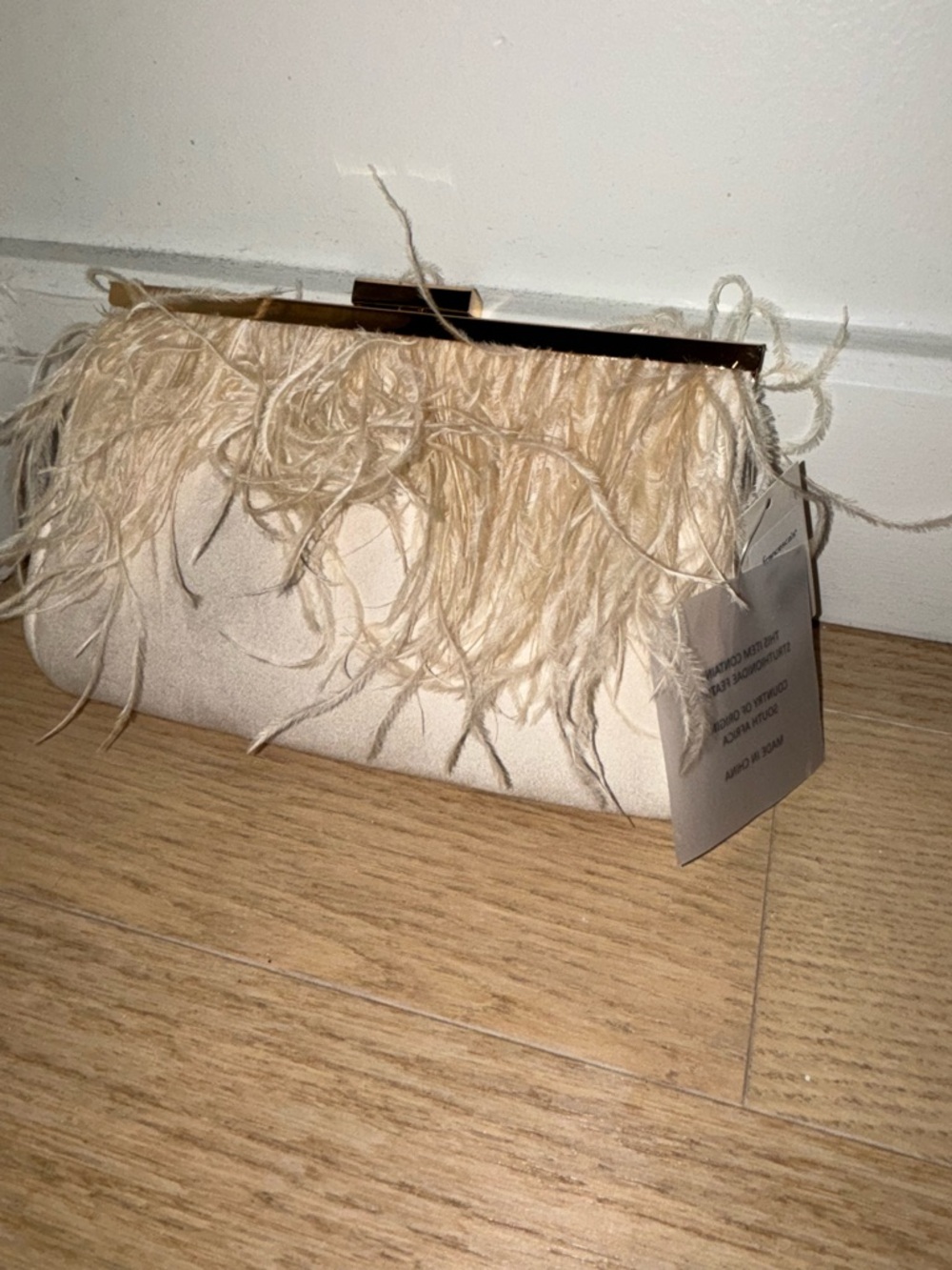 Francesca's Collections Cream Feather Trim Clutch